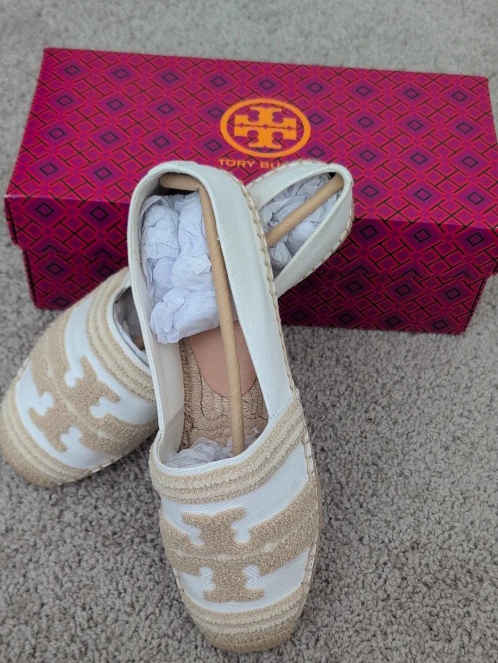 Tory Burch Cream and Tan Espadrille Slip-Ons